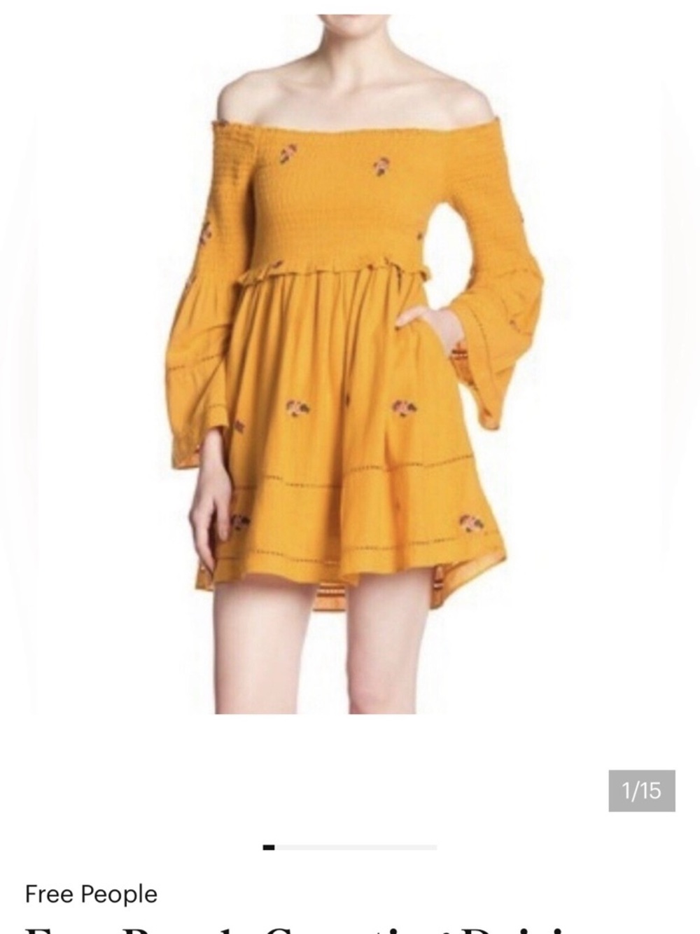 Free People Mustard Yellow Off-Shoulder Smocked Mini Dress